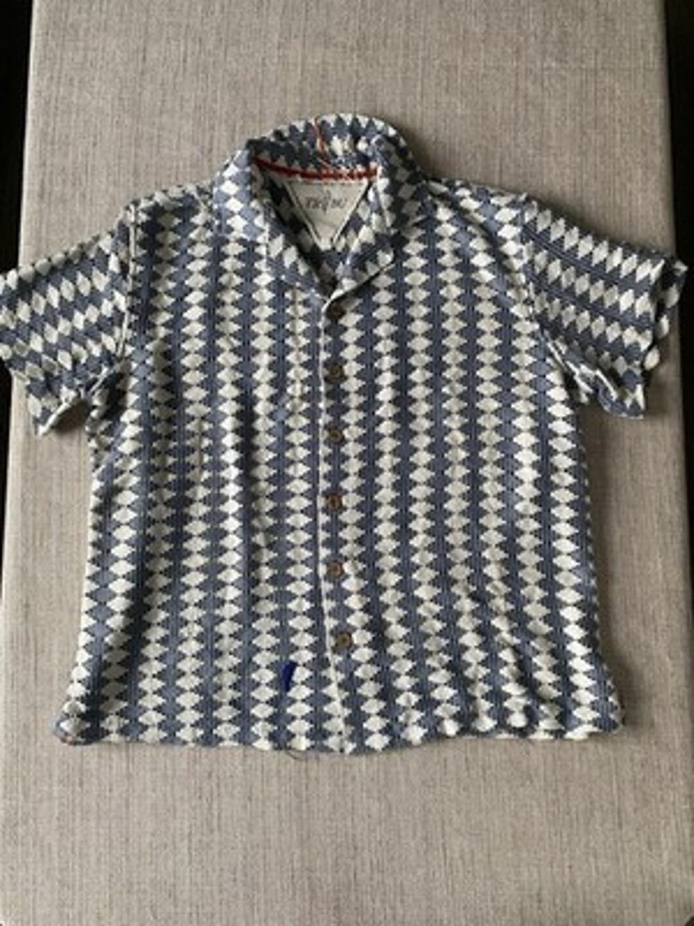 TRIBU Womens Blue Cream Knit Short Sleeve Camp Shirt Size M Cotton Crochet